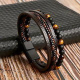 1pc Unique Tiger Eye Stone Beaded Fashion Layered Woven Faux Leather Men's Daily Wear Statement Bracelet