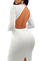 Solid Color Textured Split Dress, Elegant Backless Bodycon Dress For Spring & Fall, Women's Clothing