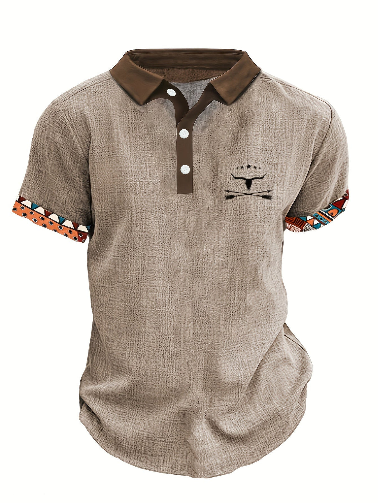 Men's Casual Short-Sleeved Shirt with 3D Digital Bull Head Print, Button Detail, Lapel Collar - Outdoor Fashion Wear