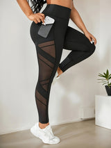 Plus Size Women's High-Waist Yoga Leggings with Mesh Panels - Stretchy & Breathable Polyester/Spandex Blend, Non-See-Through Leggings