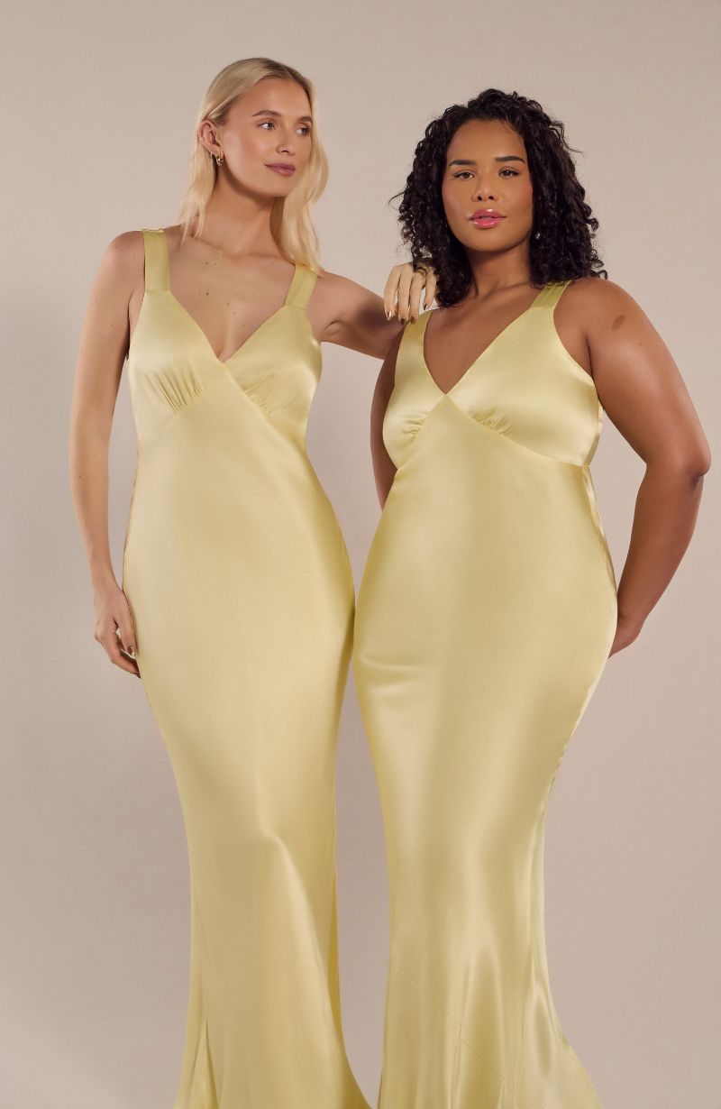Amelia Dress in Lemonade Yellow Satin