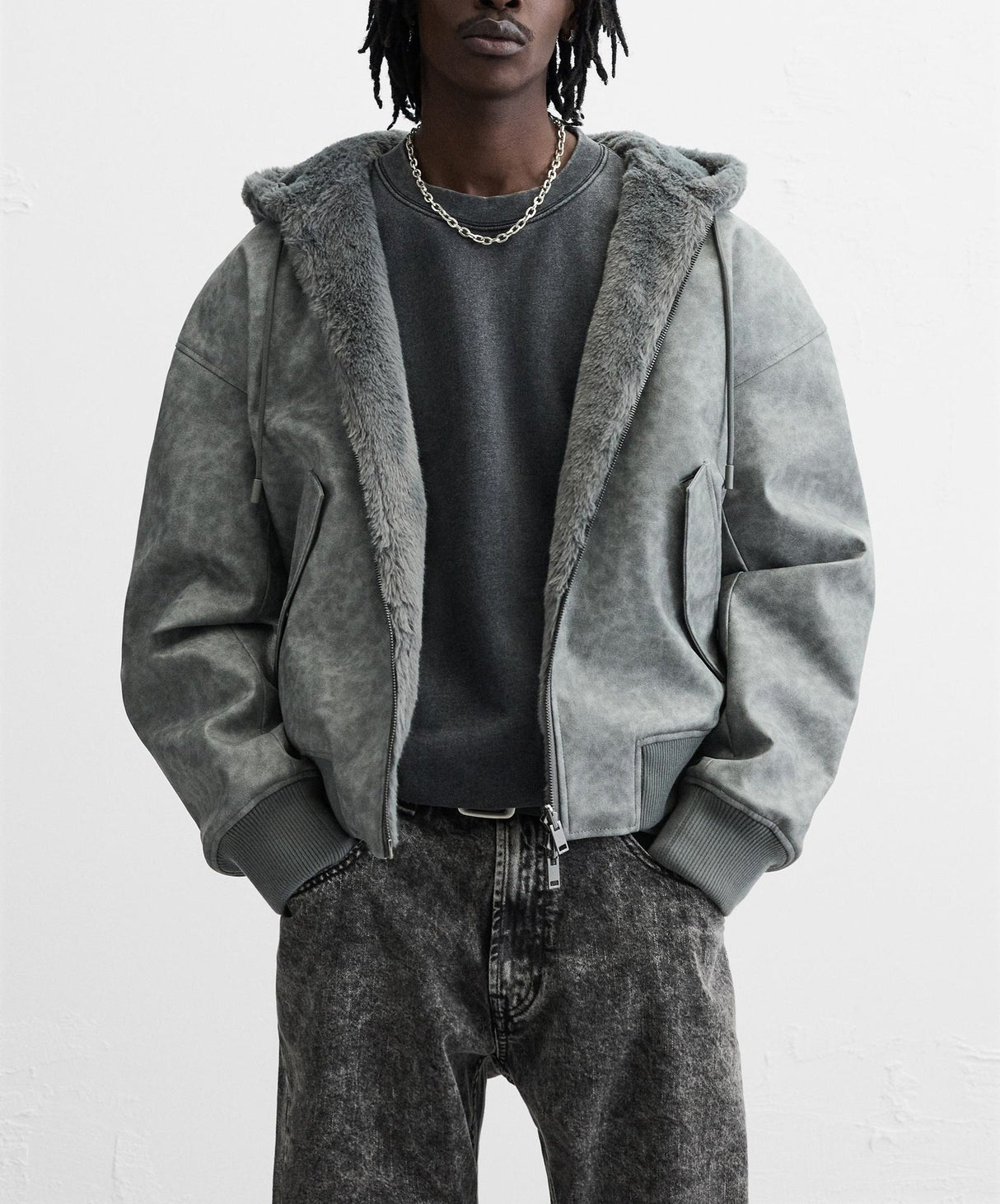 Men's Double-Sided Faux Leather Hooded Bomber Jacket