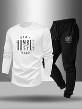 Men’s “STAY HUSTLE HARD” Long Sleeve T-Shirt & Jogger Set – 2-Piece Casual Outfit with Bold Print, Stretch Fabric, and Elastic Waistband for Spring/Fall