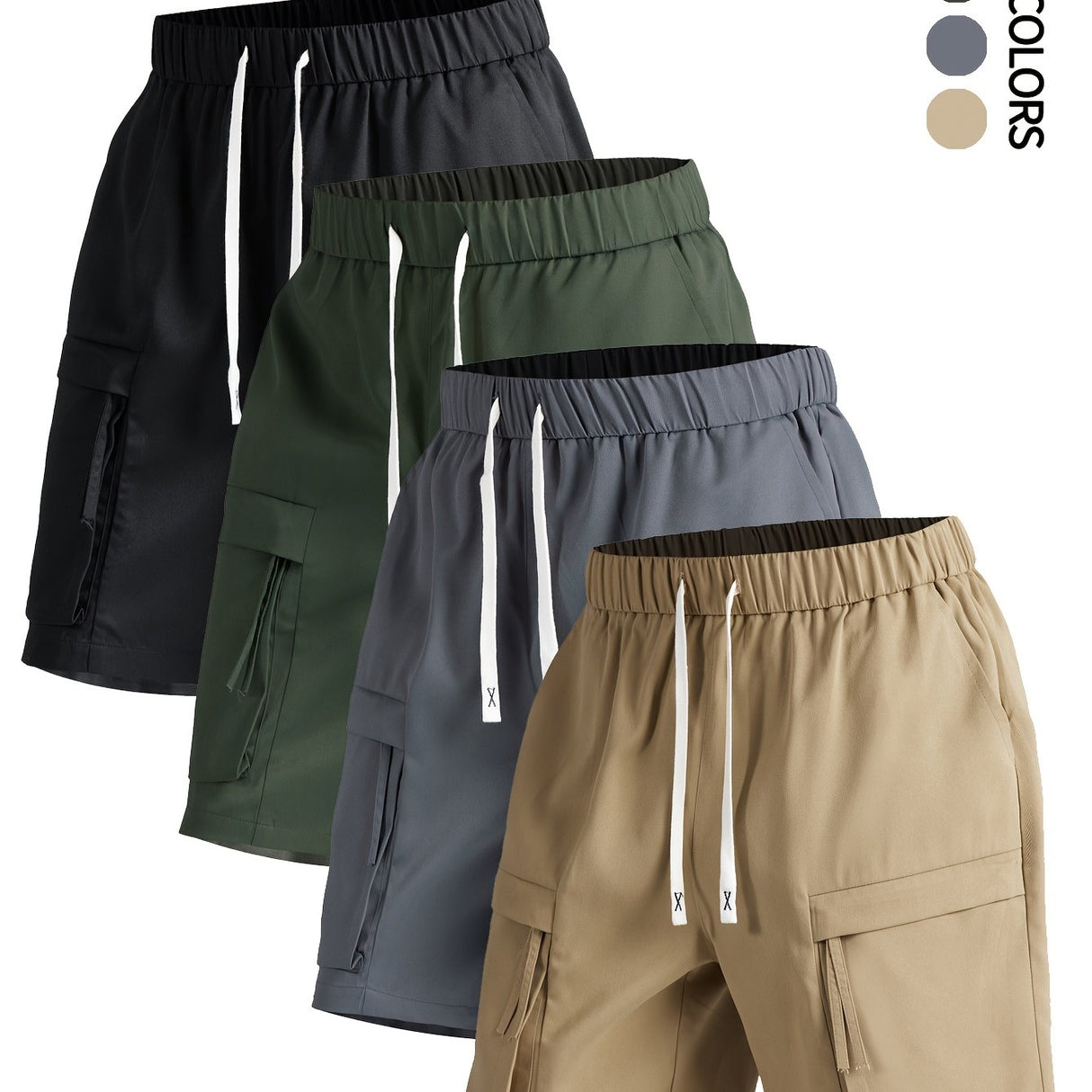 4pcs Men's Casual Cargo Shorts with Elastic Drawstring Waist & Multiple Pockets - Lightweight Summer Non-Stretch Fabric, Regular Fit