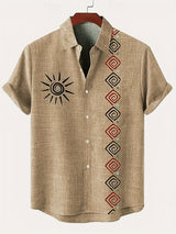 Men's Lightweight Short-Sleeve Linen-Look Shirt with Tribal Geometric Pattern