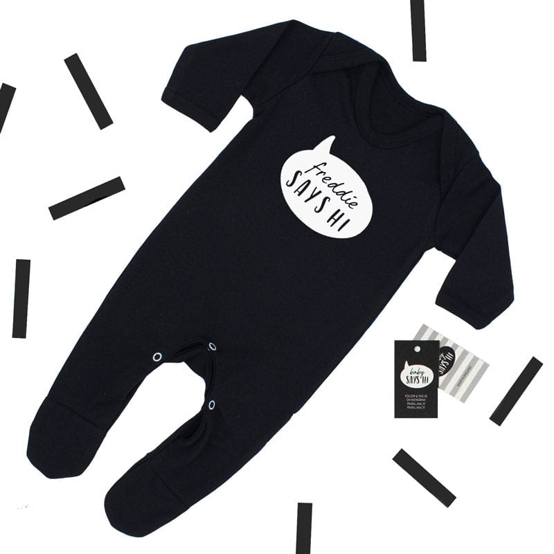 'Baby Says Hi' Slogan Black Personalise Sleepsuit, 0-3 months