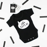 'Baby Says Hi' Slogan Black Personalise T shirt, 0-3 months