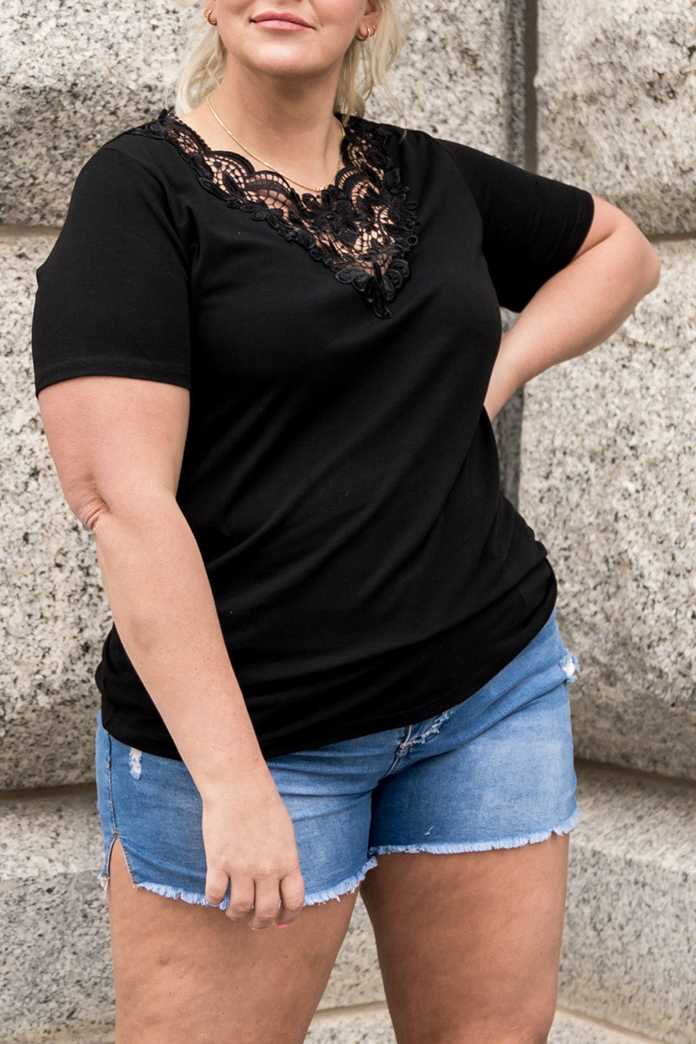 Black Plus Size Crochet Stitching Short Sleeve Top