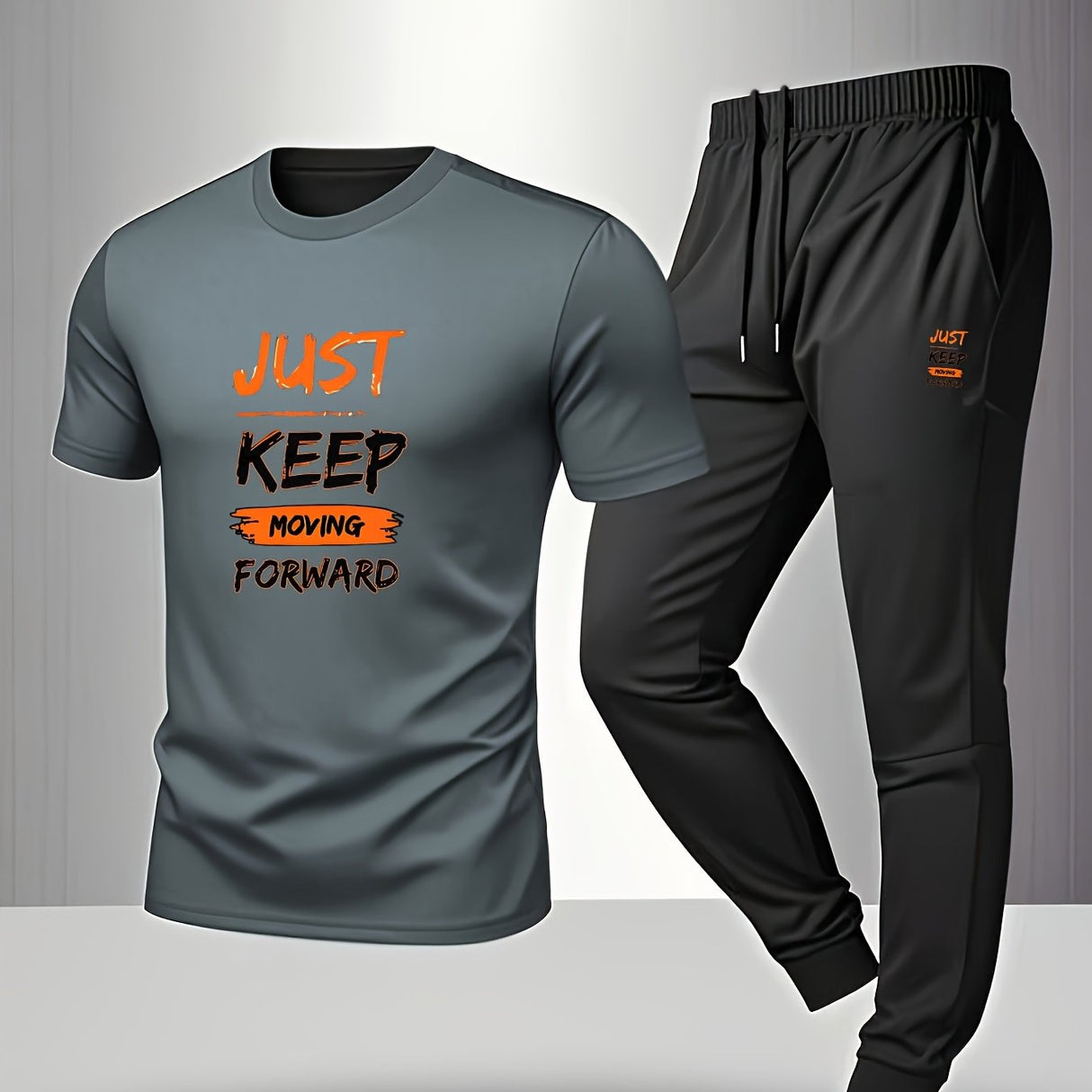 Men’s Breathable Athletic Set – White “Just Keep Moving” T-Shirt & Black Joggers
