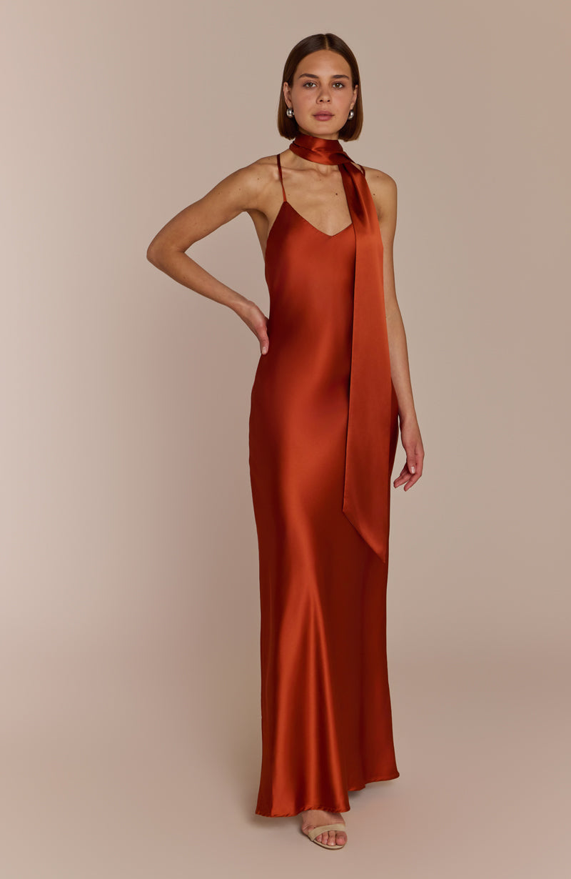 Brooklyn Dress in Burnt Orange Satin