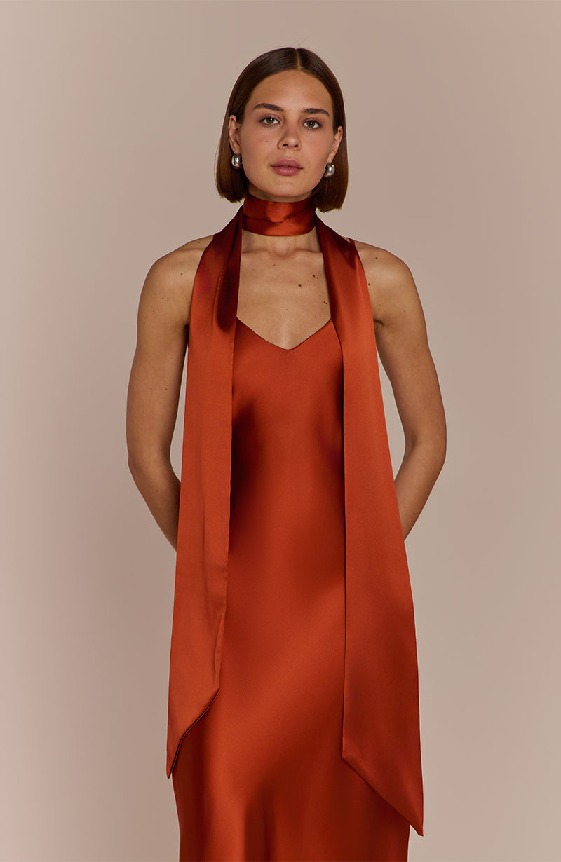 Brooklyn Dress in Burnt Orange Satin