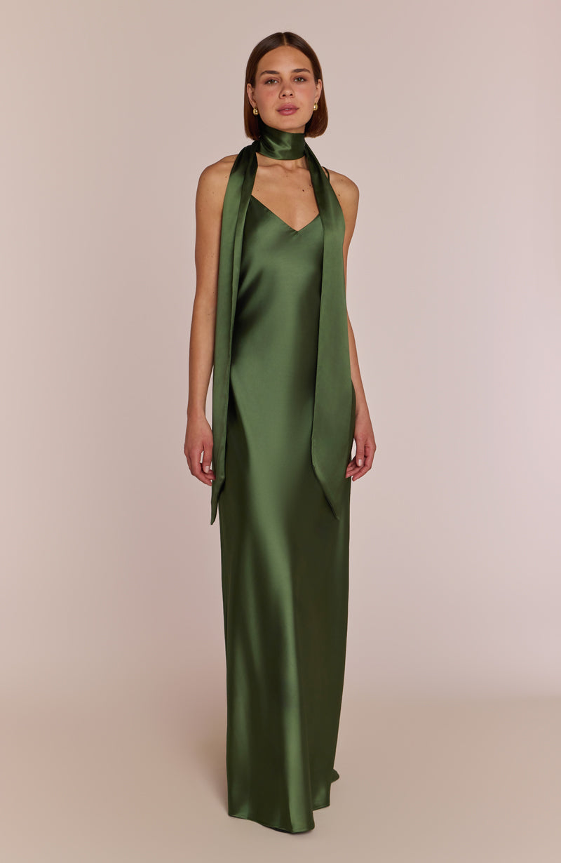 Brooklyn Dress in Olive Green Satin