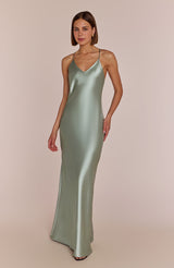 Brooklyn Dress in Sage Green Satin