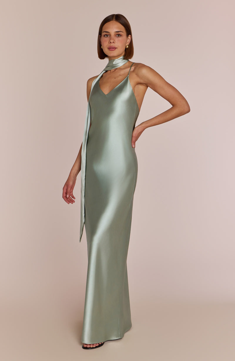 Brooklyn Dress in Sage Green Satin