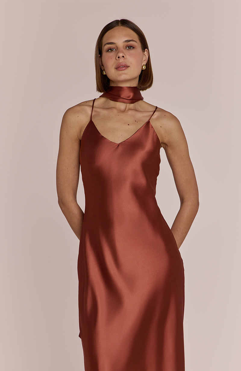 Brooklyn Dress in Terracotta Satin
