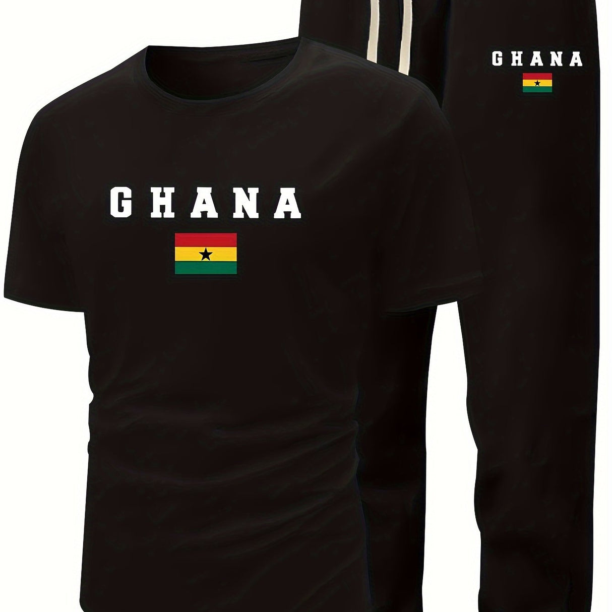 Men's Summer Casual Two-Piece Set, Men's Ghanian Print Short Sleeve T-Shirt with Comfortable Long Pants Fashion Outfit