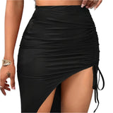 Women's Asymmetrical Solid Knit Fabric Color Drawstring Skirt