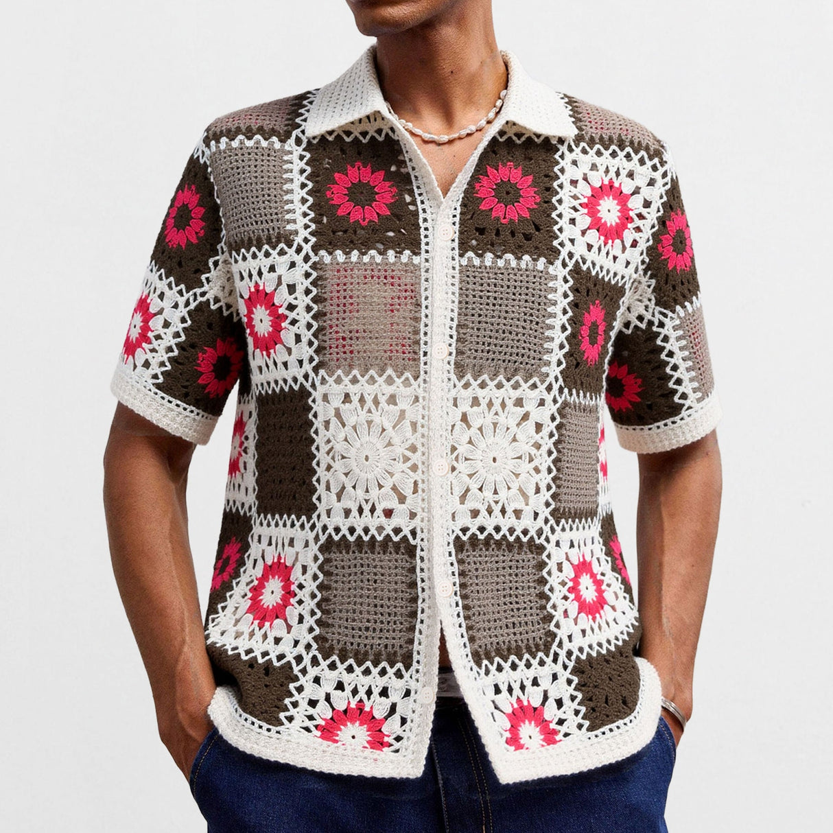 Men’s Retro Ethnic Style Crochet Hollow Bandage Shirt.
