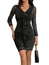 Metallic Ruffled V-Neck Long Sleeve Mini Dress
