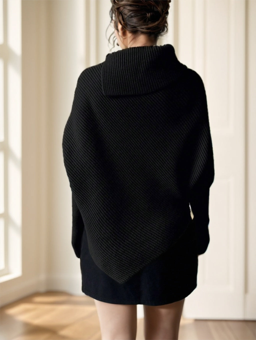 Women’s Black Asymmetrical Turtleneck Sweater – Elegant Knit Pullover