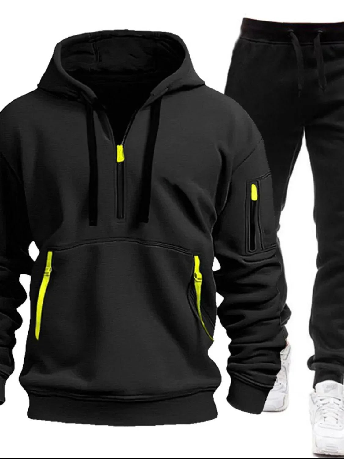 Men's Full Size Drawstring Half Zip Hoodie and Pants Set Plus Size