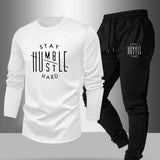 Men’s “STAY HUSTLE HARD” Long Sleeve T-Shirt & Jogger Set – 2-Piece Casual Outfit with Bold Print, Stretch Fabric, and Elastic Waistband for Spring/Fall