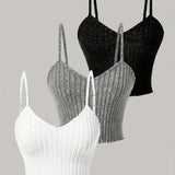 3pcs Elegant Solid Color Women's Cami Tops - Ribbed V-Neck, Sleeveless Spaghetti Strap Stretchy Top