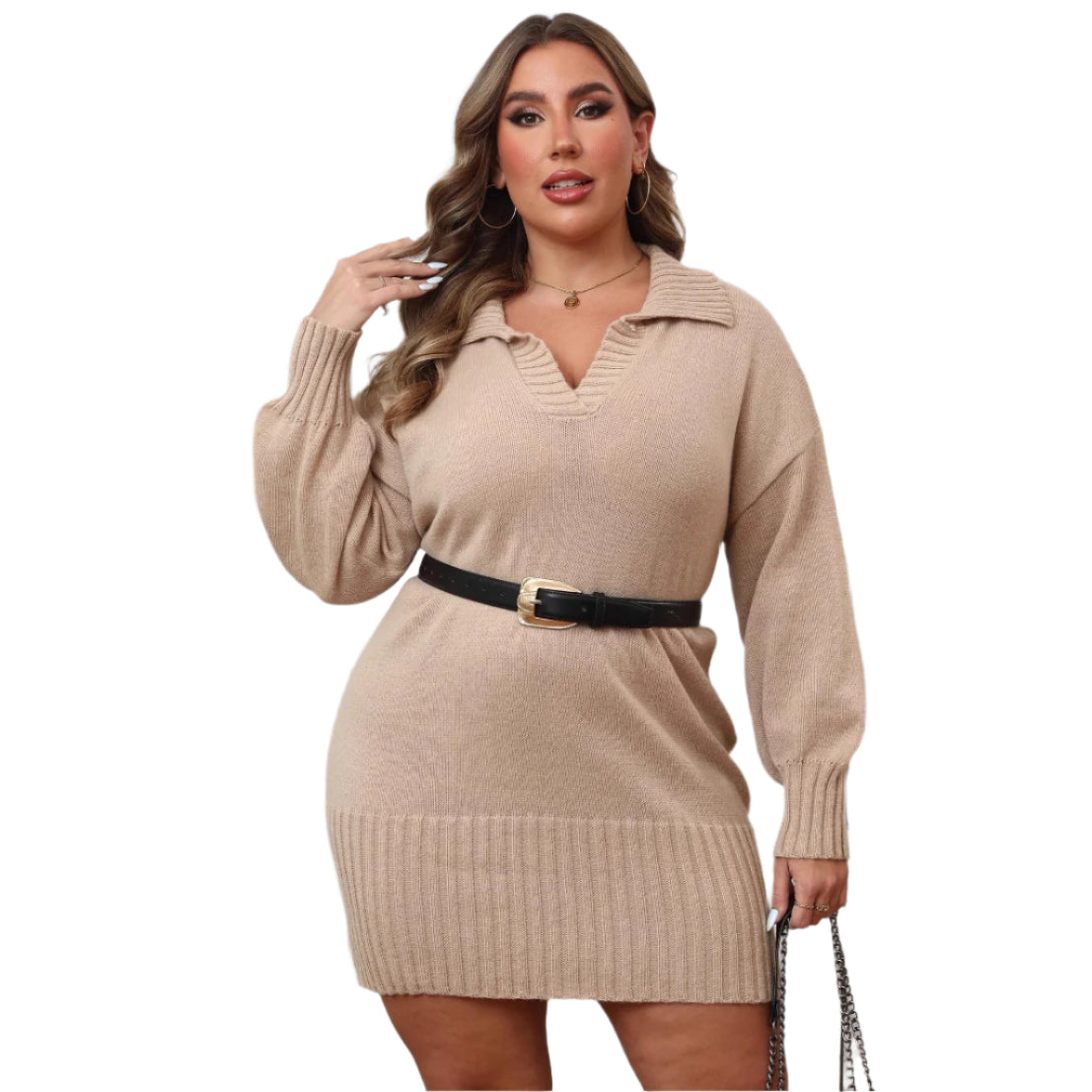 Plus Size Polo Collar Sweater Dress – Body-Hugging Knit Dress for Women