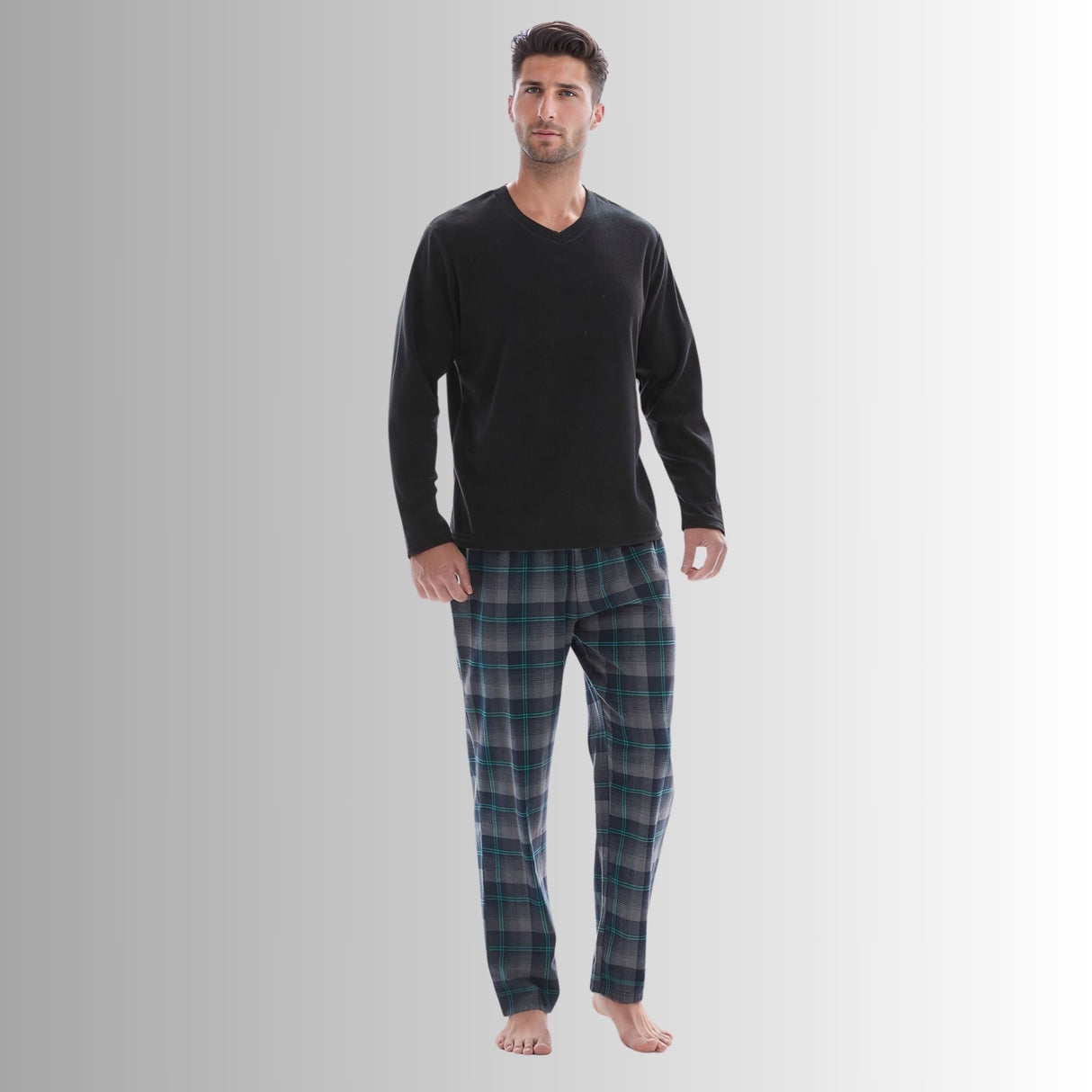 Men’s Checkered Pattern Pyjamas with Fleece Top and Cotton Bottoms Loungewear.