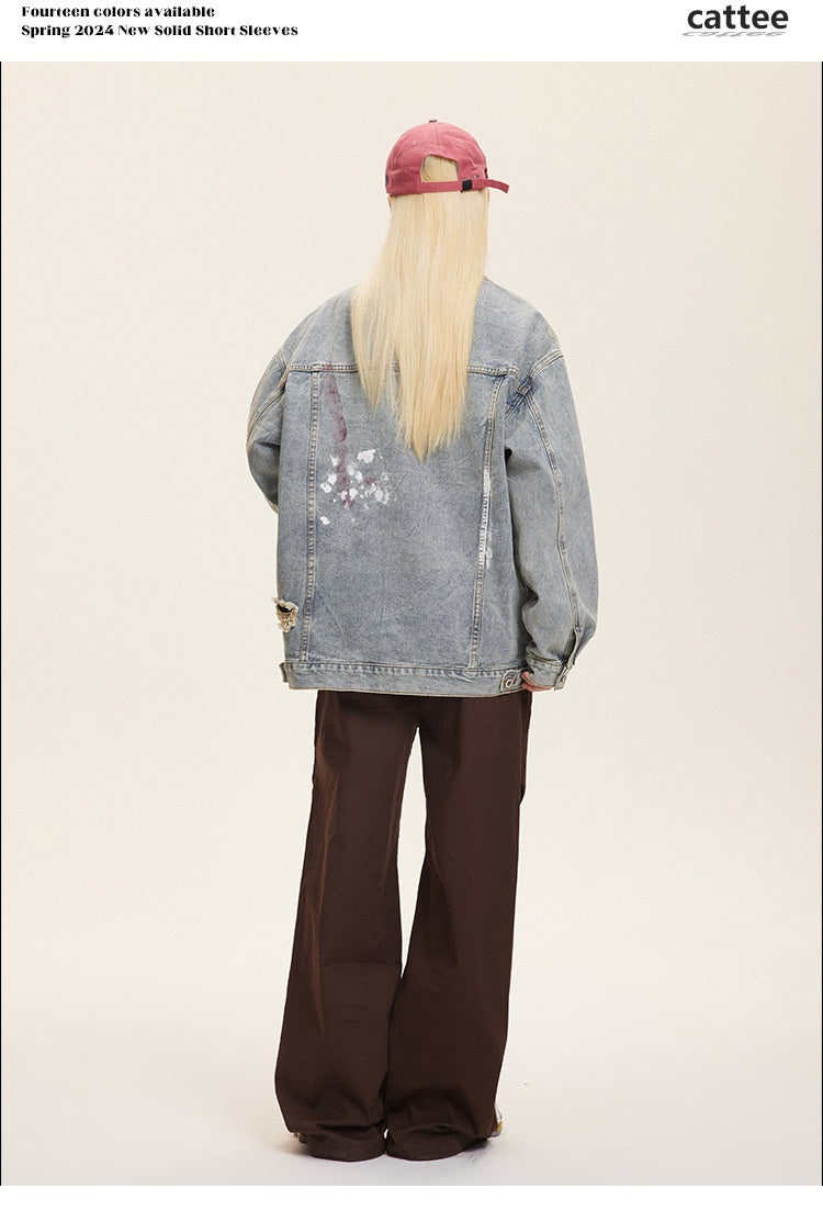 Unisex Washed Graffiti Ripped Denim Jacket - Retro