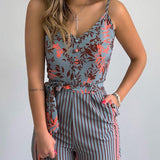 V-neck Sling Fashion Leaf Print Tie Jumpsuit