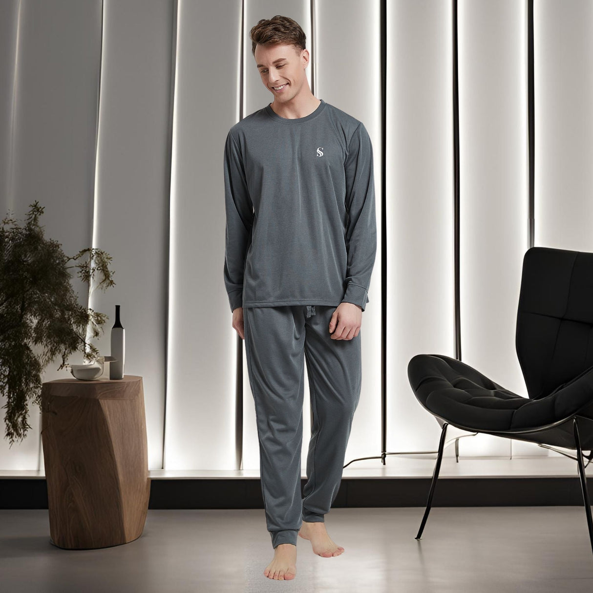 Men's Dark Grey Loungewear Set with Long Sleeve Pyjamas
