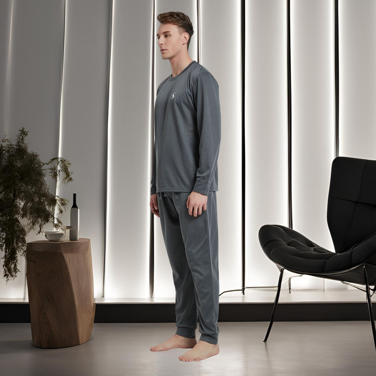 Men's Dark Grey Loungewear Set with Long Sleeve Pyjamas