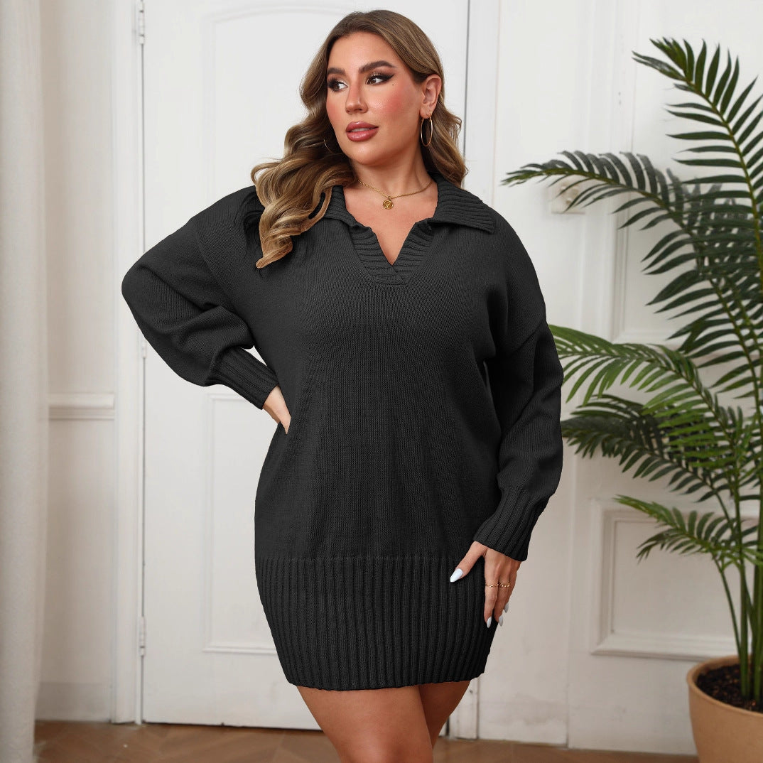 Plus Size Polo Collar Sweater Dress – Body-Hugging Knit Dress for Women
