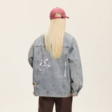 Unisex Washed Graffiti Ripped Denim Jacket - Retro