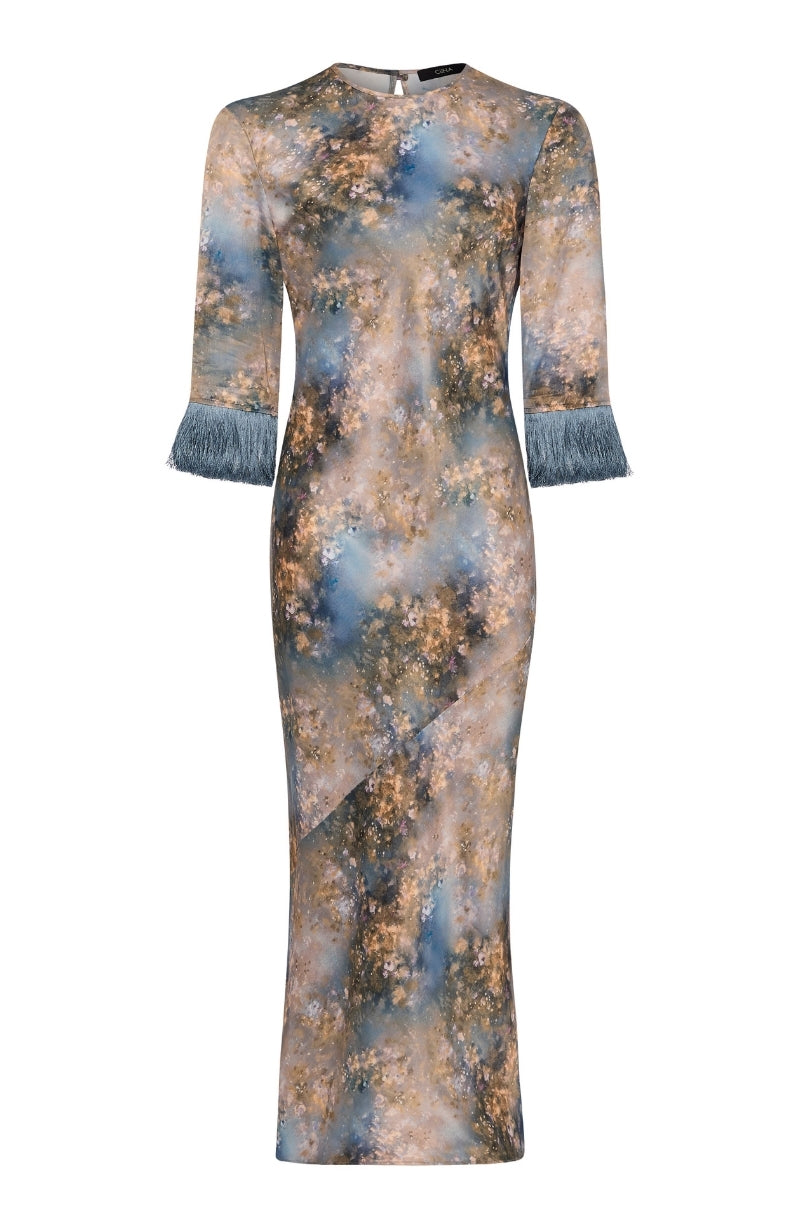 Dolly Fringe Sleeve Dress in Blue Print