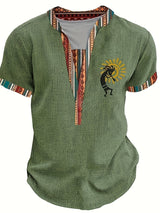 Men's Stylish Green Henley Shirt with Vibrant Tribal Pattern - Casual Short Sleeve V-Neck Tee for Summer, Polyester Knit Fabric, Casual V-neck Shirt