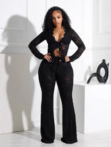 A two-piece set of women's sexy lace-up, hollowed-out cardigan, long-sleeved lace blouse and lace pants