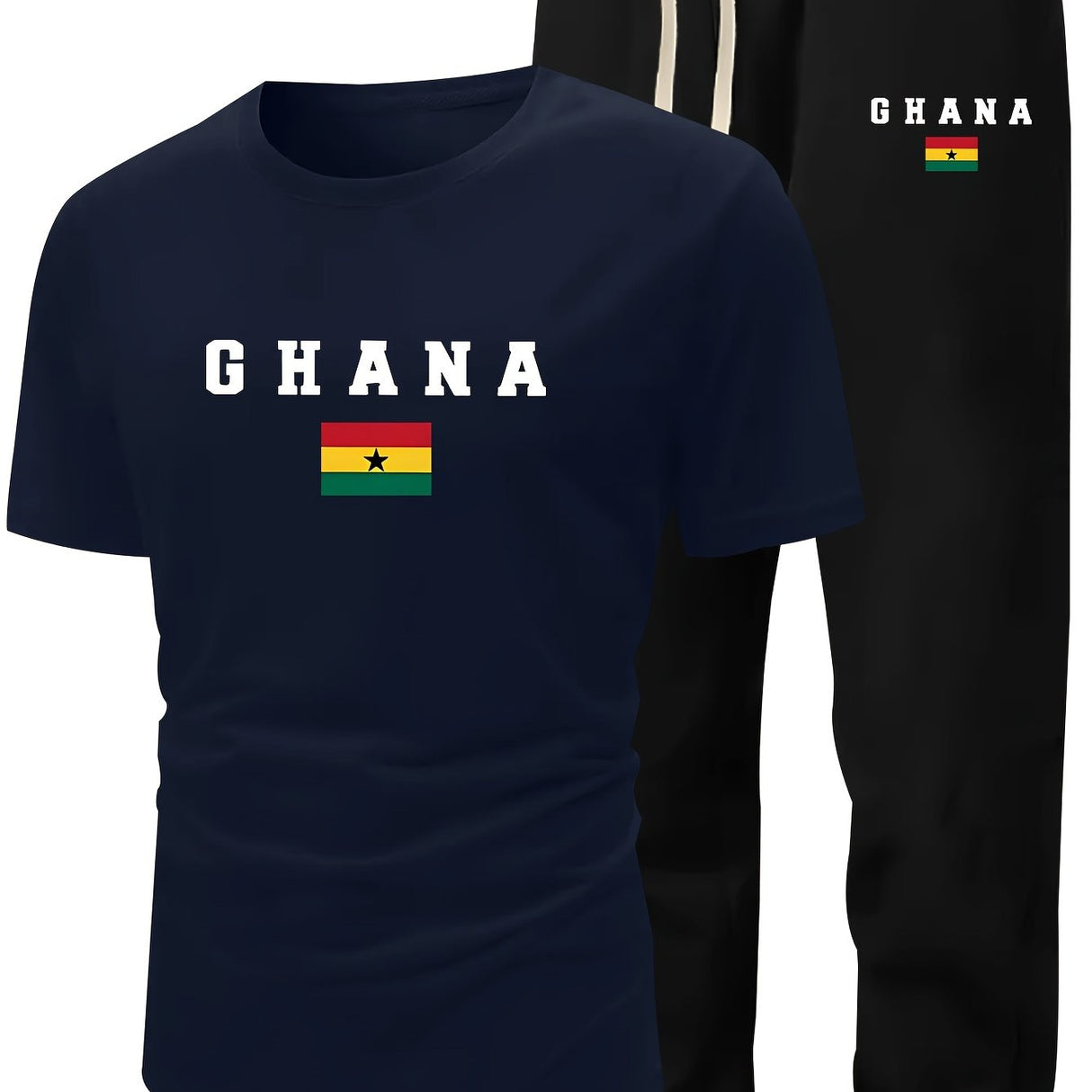 Men's Summer Casual Two-Piece Set, Men's Ghanian Print Short Sleeve T-Shirt with Comfortable Long Pants Fashion Outfit