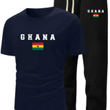 Men's Summer Casual Two-Piece Set, Men's Ghanian Print Short Sleeve T-Shirt with Comfortable Long Pants Fashion Outfit