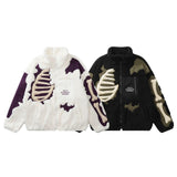 Lamb Wool Stitching Skeleton Embroidered Cotton-Padded Winter Coat - American Retro Style