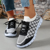 Women's Color block Plaid Fly knit Sneakers – Breathable Lace-Up Mesh Running & Walking Shoes