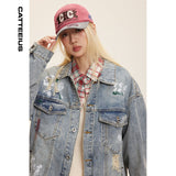 Unisex Washed Graffiti Ripped Denim Jacket - Retro