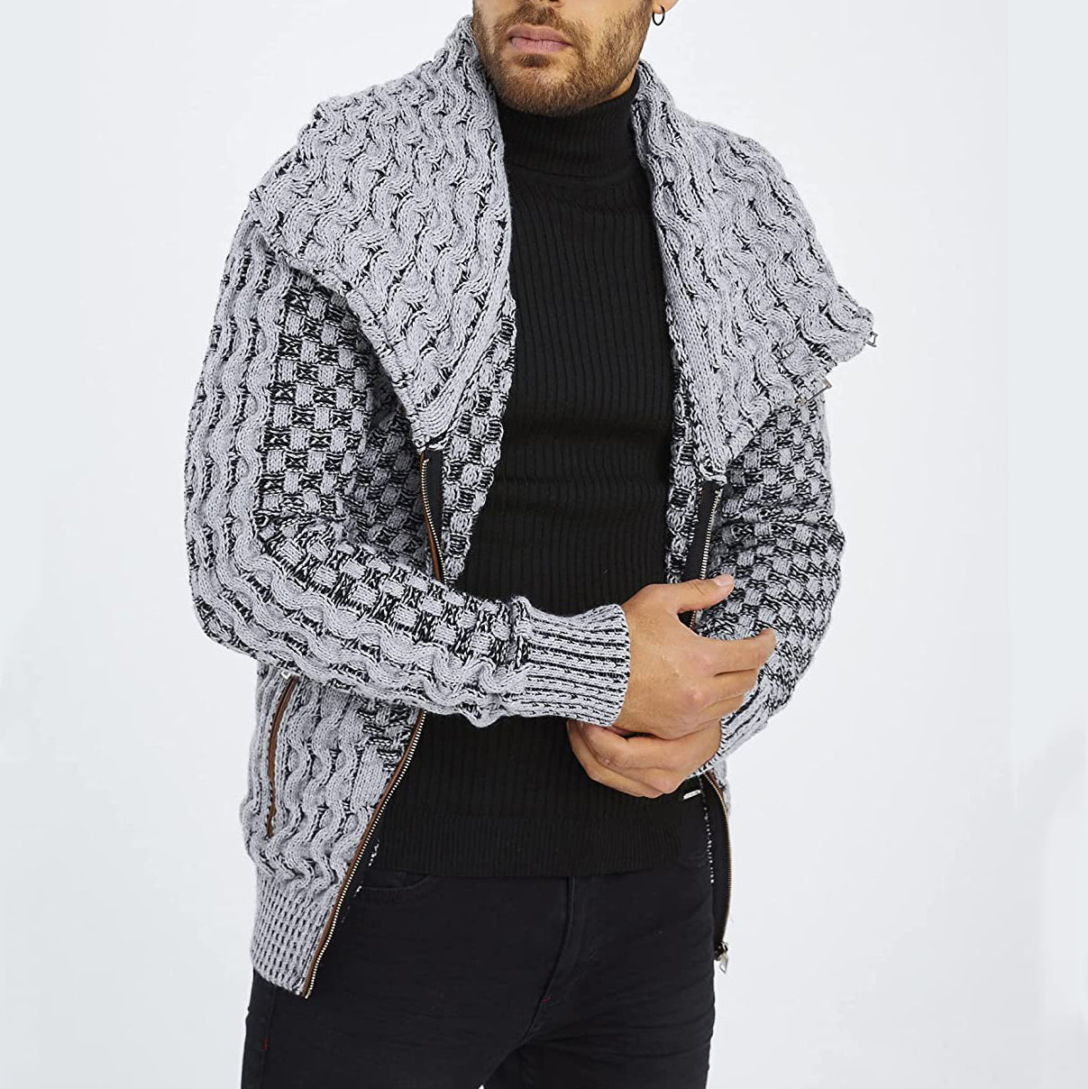 Men's Winter Sweater Casual Long Sleeve Knitted Sweater Turtleneck Zipper Cardigan Sweaters High Collar Knitwears Men's Coat 3XL