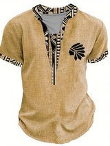 Men's Tribal Leaf V-Neck Henley Shirt - Short Sleeve Casual Summer Top