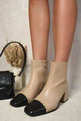 Two Tone Side Zip Block Heel Ankle Boots-6