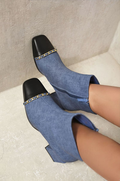 Two Tone Side Zip Block Heel Ankle Boots-1