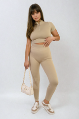 Ribbed Half Zip Crop Top and High Waist Leggings Co-ord Set