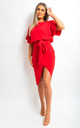 Belted Wrap Front Kimono Sleeve Midi Dress