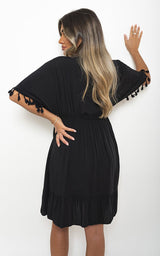 V-Neck Short Sleeve Midi Dress with Tassel Detail